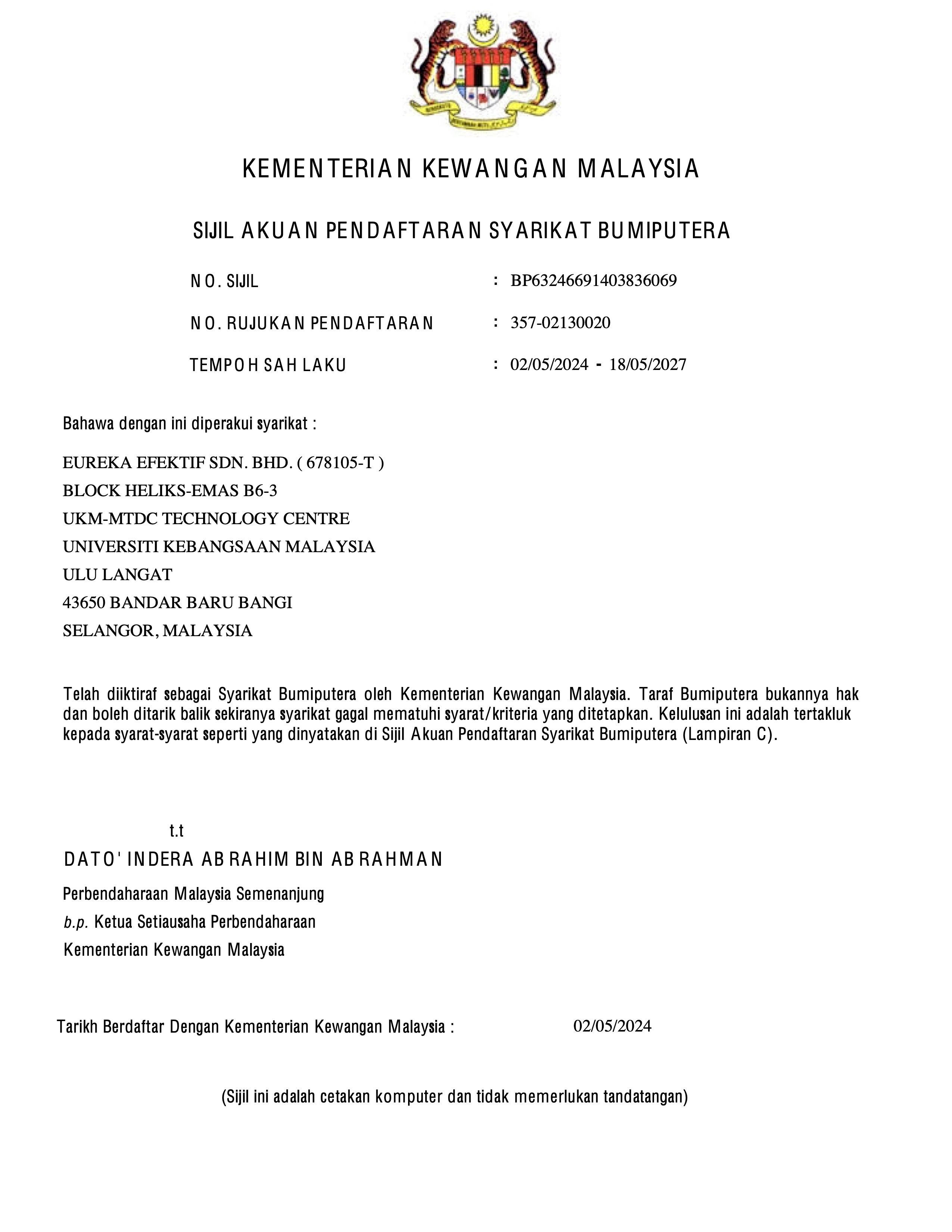 EE MOF Supplier Bumiputera Cert 2024-2027