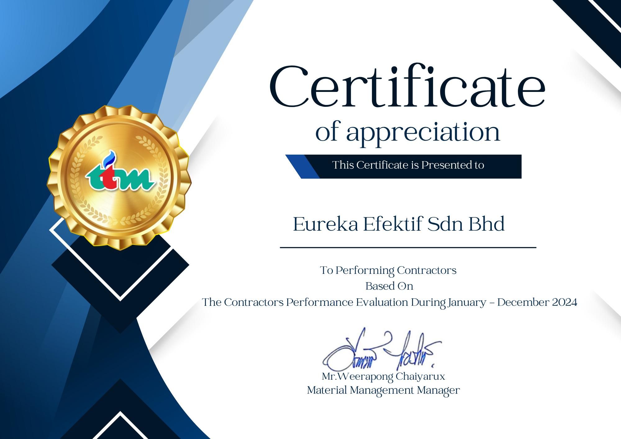 TIM Certificate of Appreciation 2024